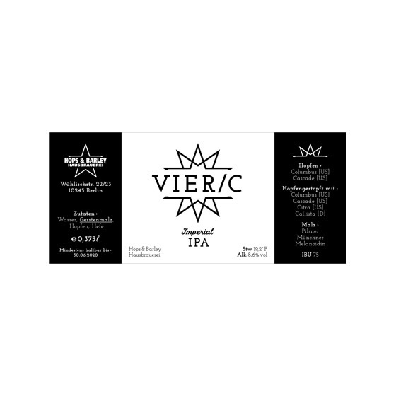 Flaschenetikett für halbe Champagnerflasche › VIER/C Imperial IPA | Hops & Barley Hausbrauerei, Berlin