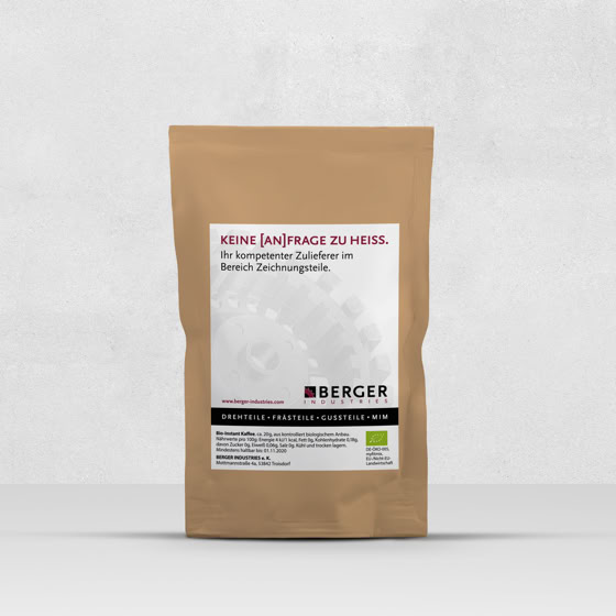 Werbeartikel › Bio-Instant Kaffee in 20g Mini-Standbeutel | Berger Industries, Troisdorf